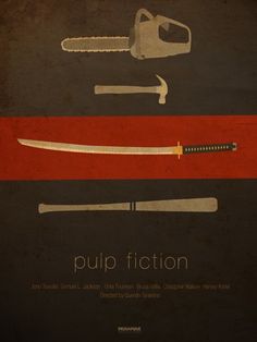 an old poster with a saw, knife and other items on it's side