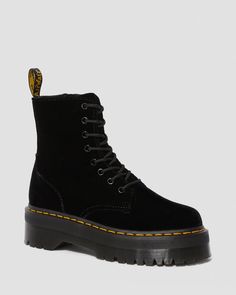 Jadon Velvet The Jadon boot is a fierce evolution of our iconic 8-eye boot, with a super-chunky platform and rugged commando tread that brings a tough, extra-empowering vibe to any look. Inside zip Crafted from a backed brushed velvet Comes with two sets of laces: ribbon, and standard cord Built on the iconic, rebelliously comfortable Dr. Martens Airwair™ air-cushioned sole The sole is secured using one of the most durable construction methods available: the Goodyear welt Sole is slip-resistant Dr Martens Store, Jadon Boots, Dr Martens Jadon, Job Clothes, Womens Footwear, Oxford Platform, Velvet Boots, Boots Uk, Zipper Boots