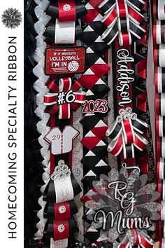 the ribbons are all different colors and designs for this ribbon display case, which is decorated with black, white, and red ribbons