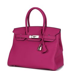 This Birkin is in Rose Pourpre togo leather with palladium hardware and has tonal stitching, front flap, two straps with center toggle closure, clochette with lock and two keys, and double rolled handles.The interior is lined with Rose Pourpre chevre and has one zip pocket with an Hermes engraved zipper pull and an open pocket on the opposite side.Collection: AOrigin: FranceCondition: Never worn (plastic on hardware except for the turnlock resulting in some hairline scratches)Accompanied by: Hermes box, Hermes dustbag, clochette, lock, two keys, clochette dustbag, carebook, rainhatMeasurements: 11.75" width x 9.5" height x 6" depth; 4.25" handle drop Pink Leather Bag With Lock, Luxury Pink Bags With Hasp Closure, Togo Leather Bags With Silver-tone Hardware, Birkin 30, Hermes Birkin 25, Hermes Birkin 30, Hermes Box, Togo Leather, Birkin 25