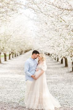 a pregnant couple standing in the middle of an almond tree lined path with white blossoms