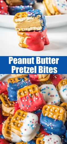 peanut butter pretzel bites with red, white and blue frosting on them