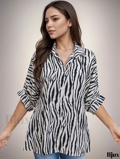 Bjux - Womens Zebra Print Rolled Sleeve Button Front Collar Shirt - Casual and Stylish Fashion Casual Summer Blouse With Zebra Print, Casual Long Sleeve Zebra Print Tops, White Long Sleeve Top With Zebra Print, Long Sleeve Maxi, Kaftan Dress, Collar Shirt, Stylish Fashion, Long Sleeve Maxi Dress, Zebra Print