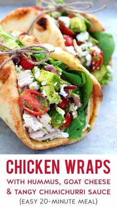 chicken wraps with hummus, goat cheese and tangy cilantro sauce