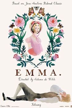 an advertisement featuring a woman laying on the ground with flowers and butterflies around her head