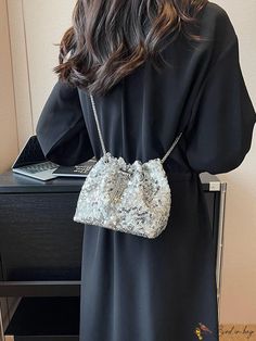 BirdinBag - Glamorous Sequin and Faux Pearl Mini Bucket Bag with Decor Elegant Satchel Bucket Bag For Party, Mini Bucket Bag, Mini Bucket Bags, Mini Bucket, Glamorous Style, Pink Backpack, Word Wrap, Black Bag, Bag Set