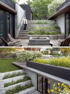 two pictures of the outside of a house with grass and flowers on the roof, stairs leading up to the upper floor