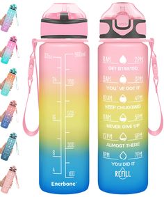 thermos water bottle is shown with different colors and sizes on each one side