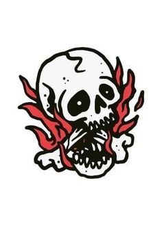 a white skull with red flames on it