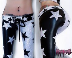 Custom made to order badass pants handmade from black metallic and white/silver multi hologram spandex, with appliquéd stars all over. They have a lace up crotch and white stitch detail with more stars sewn on the waistband. Handmade in Australia Available as leggings, straight cut or flares. Made for both men and women. Pants are custom made to measure in your exact size. Measurements needed are waist, hips, rise and inseam. Order wait time 3-6weeks For more pixx/info contact me or go to www.me Rock Star Outfit Women, White Leather Pants, Girlfriend Clothes, Rocker Outfit, Black White Outfit, Gowns Dresses Elegant, Spandex Pants, Glam Metal, Women's Tie