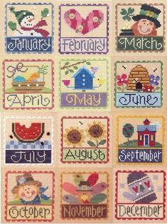 cross stitch samples for the month of march with pictures of houses and flowers on them