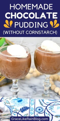 two glasses filled with chocolate pudding and whipped cream