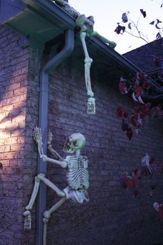 a skeleton hanging from the side of a building with its arms and legs stretched out