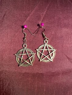 Pentacle earrings silver effect Single Silver Punk Earring, Silver Punk Single Earring, Silver Punk Style Single Earring, Gothic Silver Metal Earrings, Silver Gothic Metal Earrings, Silver Gothic Plug Earrings For Festival, Handmade Silver Punk Earrings, Silver Punk Earrings For Pierced Ears, Gothic Silver Dangle Earrings