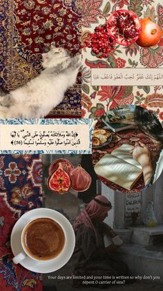 a collage of photos with coffee, fruit and an image of a woman on a rug