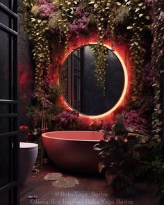 a bath tub sitting in front of a mirror next to a plant filled bathroom wall