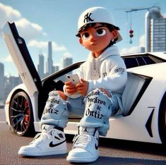 a cartoon character sitting on top of a white car with the door open and holding a cell phone