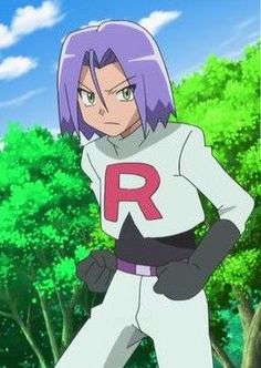 an anime character with purple hair standing in front of trees