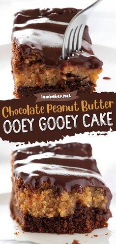 two pieces of chocolate peanut butter ooey gooey cake