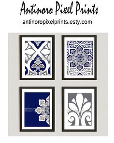 four blue and white wall art pieces with text overlay