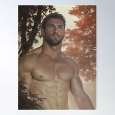 a man with no shirt on standing in front of trees and looking at the camera