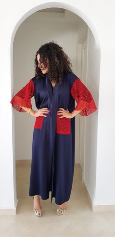 This is a very beautiful kimono ethically designed and made in Morocco.DETAILS80% viscose, 20% elastaneNavy blue with red lace arms and pocketsMaxi Length 1.40 meter /55 inchOne size fits allHandmade in MoroccoGot a question!! don't hesitate to contact me :) Kaftan Moroccan Caftan, Lace Kaftan, Beautiful Kimono, Summer Kimono, Moroccan Caftan, Beautiful Kimonos, Red Lace, One Size Fits All, Morocco