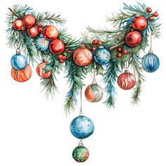 a watercolor christmas garland with ornaments hanging from it