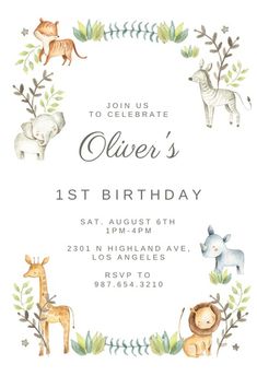 an animal themed baby shower is featured in this watercolor style card with the words, jungle