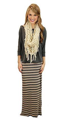 Can't Stripe Maxi Skirt  #shopbluedoor Casual Stretch Maxi Skirt For Fall, Trendy Stretch Maxi Skirt For Day Out, Fall Stretch Maxi Skirt For Day Out, Stretch Maxi Skirt For Fall Day Out, Apostolic Style, Apostolic Clothing, Pentecostal Fashion, Modest Apparel, Chunky Scarf