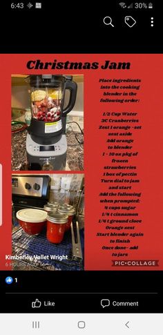 an advertisement for christmas jam with pictures of food in the blender and cooking utensils