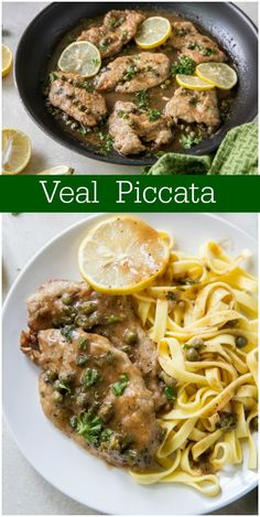 two pictures of meat piccata with lemons and sauce on the side, one is