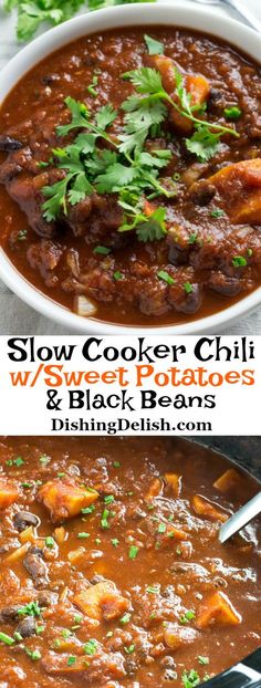 slow cooker chili with beef and vegetables in a white bowl