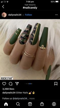 Army Green Nails Acrylic, Camo Nails Acrylic, Sassy Nails Designs, Camo Acrylic Nails, Army Green Nails, Military Nails, Camo Nail Art, Easy Nail Polish, Camouflage Nails