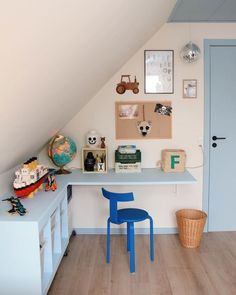 a blue chair sitting in front of a desk under a slanted ceiling with pictures on it