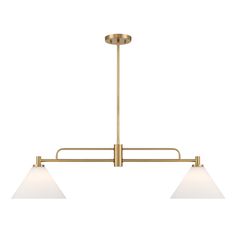 a brass finish chandelier with two white glass shades