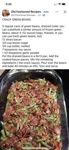 a casserole dish with green beans and bacon in it on top of a table