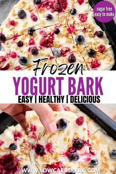 the frozen yogurt bark is ready to be eaten with blueberries and raspberries