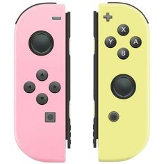 two nintendo wii controllers side by side with the same color as each other, one pink and one yellow