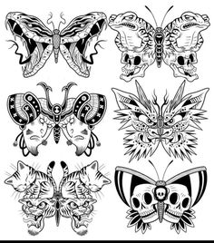 four different kinds of tattoos with skulls and moths on them, one is black and white