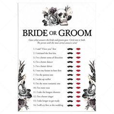 a poster with the words bride or groom written in black and red ink on it