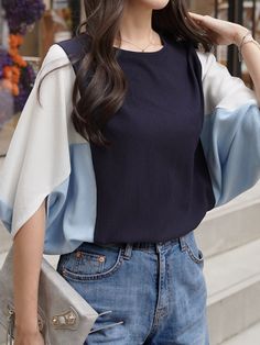 Batwing Sleeves Half Sleeves Contrast Color Round-Neck Blouses & Shirts Tops BEIGE-One_size Leisure Fashion, Fashion Seasons, Custom Dresses, Cardigan Tops, Batwing Sleeve, Cardigan Coat, Navy Tops, Cotton Style, Half Sleeves