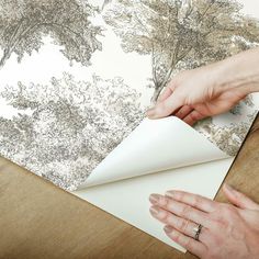 two hands holding papers on top of a wooden table next to a forest wallpaper