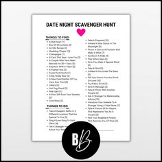 the date night scavenger hunt printable is shown in black and white with a pink heart