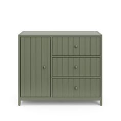 a green cabinet with three drawers on the front and two doors on the back, against a white background