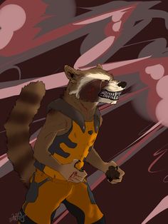 a drawing of a raccoon wearing an orange and black outfit with his mouth open