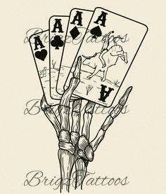 four playing cards are shown in the shape of a hand with two hands holding each other