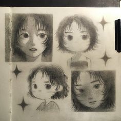 pencil drawings of different faces and hair on top of an open book with black pen