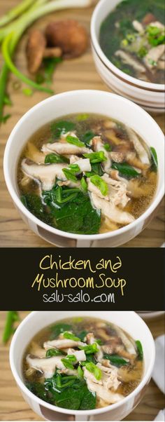 two bowls of chicken and mushroom soup with spinach in it on a wooden table