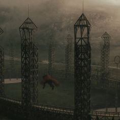 an animal is in the middle of several metal structures, with mountains in the background