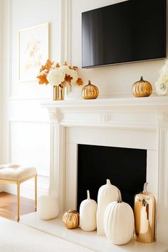 25+ Fall Mantle Decor with TV Above for a Cozy Autumn Look Fall Mantle Decor White Pumpkins, Fall Fireplace Decor With Tv, Fall Mantle Decor With Tv, Mantle Decor With Tv, Mantle With Tv, White Mantle Decor, Mantle Decor With Tv Above, Small Mantle Decor, Simple Mantel